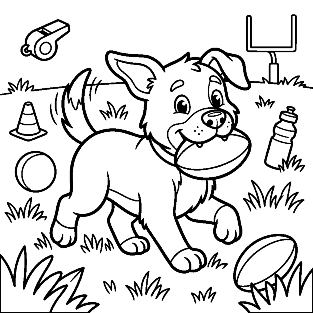 A puppy carrying a small rugby ball in its mouth on the grass coloring page