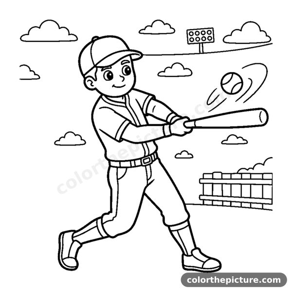 A generic batter swinging a bat at an incoming ball coloring page