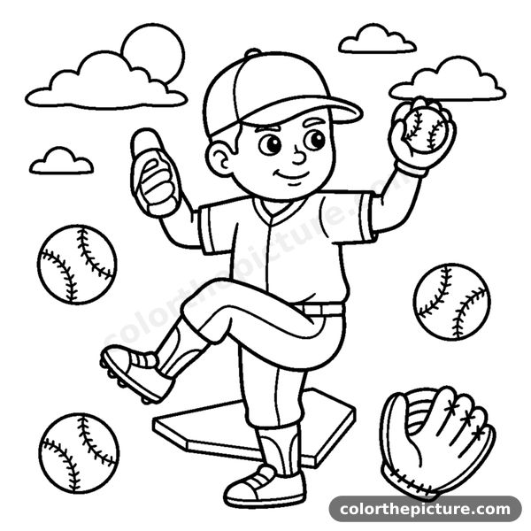 A generic pitcher winding up to throw a baseball coloring page