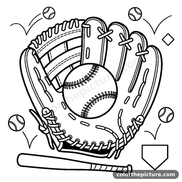 A baseball glove with a ball resting inside it coloring page