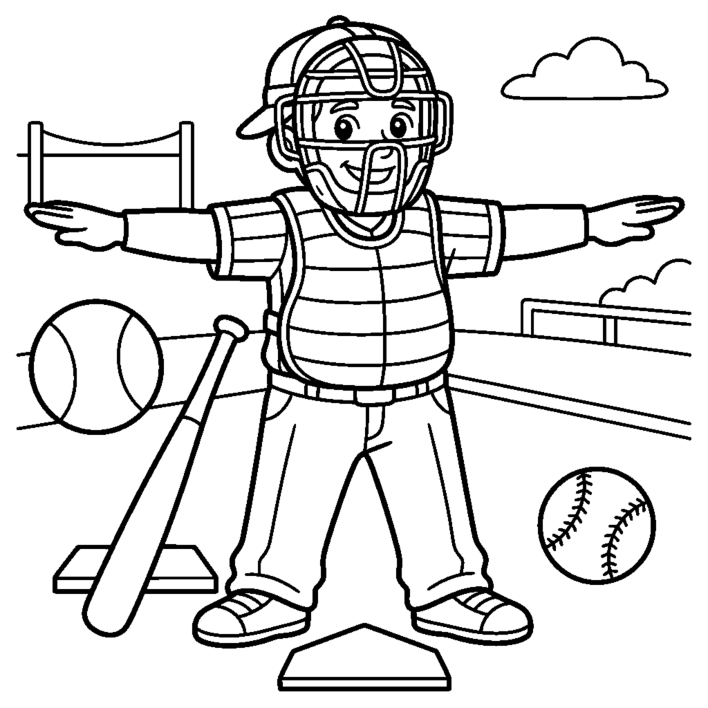 A cheerful umpire making a safe gesture with arms out coloring page
