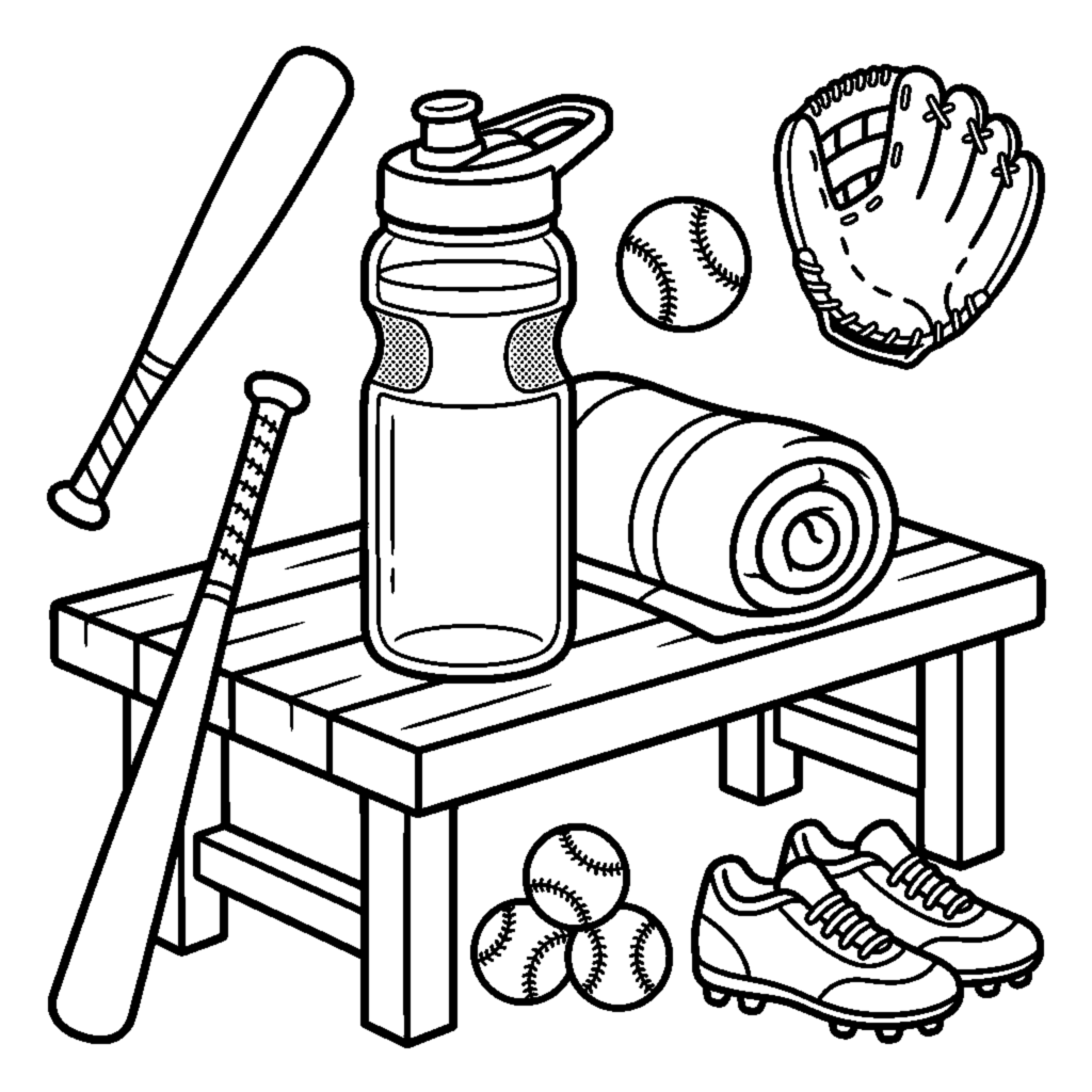 A water bottle and a rolled towel on a bench coloring page