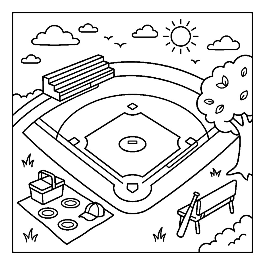A picnic-style ballpark scene with a diamond and simple stands coloring page