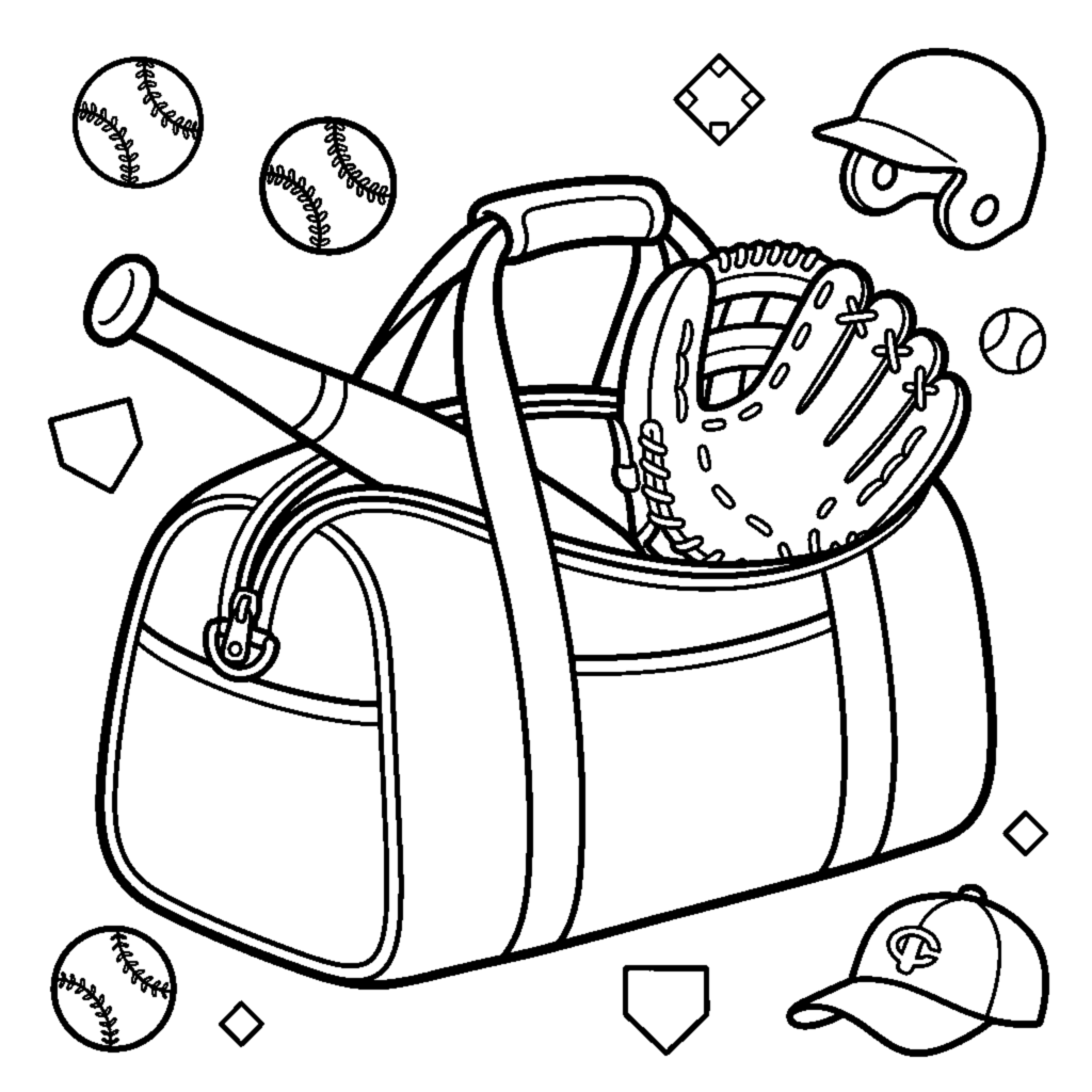 A duffel bag with a bat and glove poking out coloring page