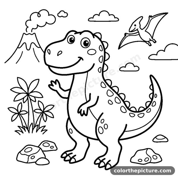 A friendly cartoon T-rex smiling and waving one tiny arm coloring page