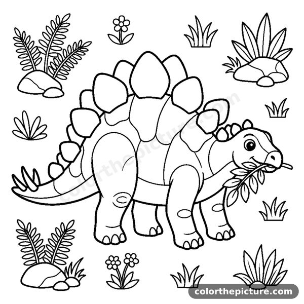 A stegosaurus with big rounded back plates chewing a leafy branch coloring page