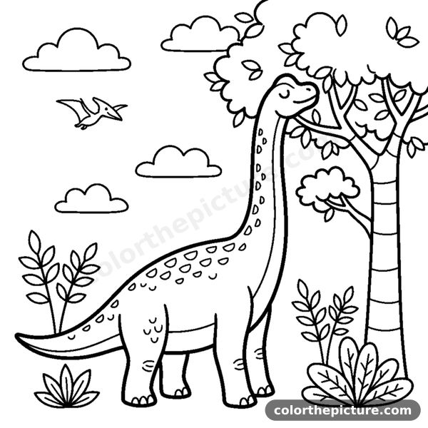 A tall brachiosaurus stretching its long neck up to a treetop coloring page
