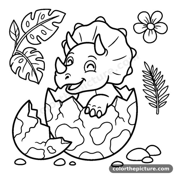 A baby dinosaur hatching out of a cracked egg with a happy face coloring page
