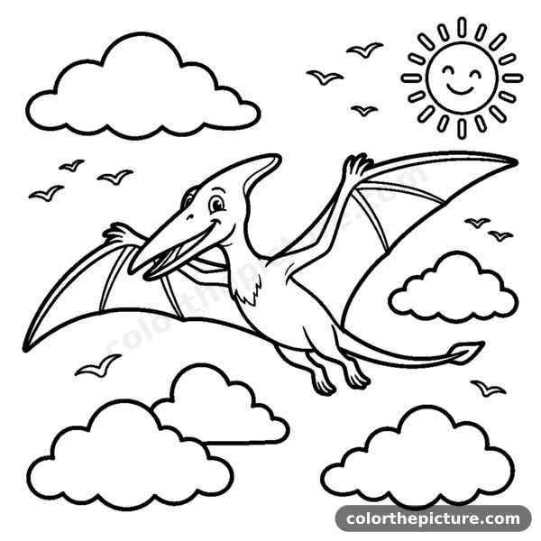 A pterodactyl gliding through the sky above puffy clouds coloring page