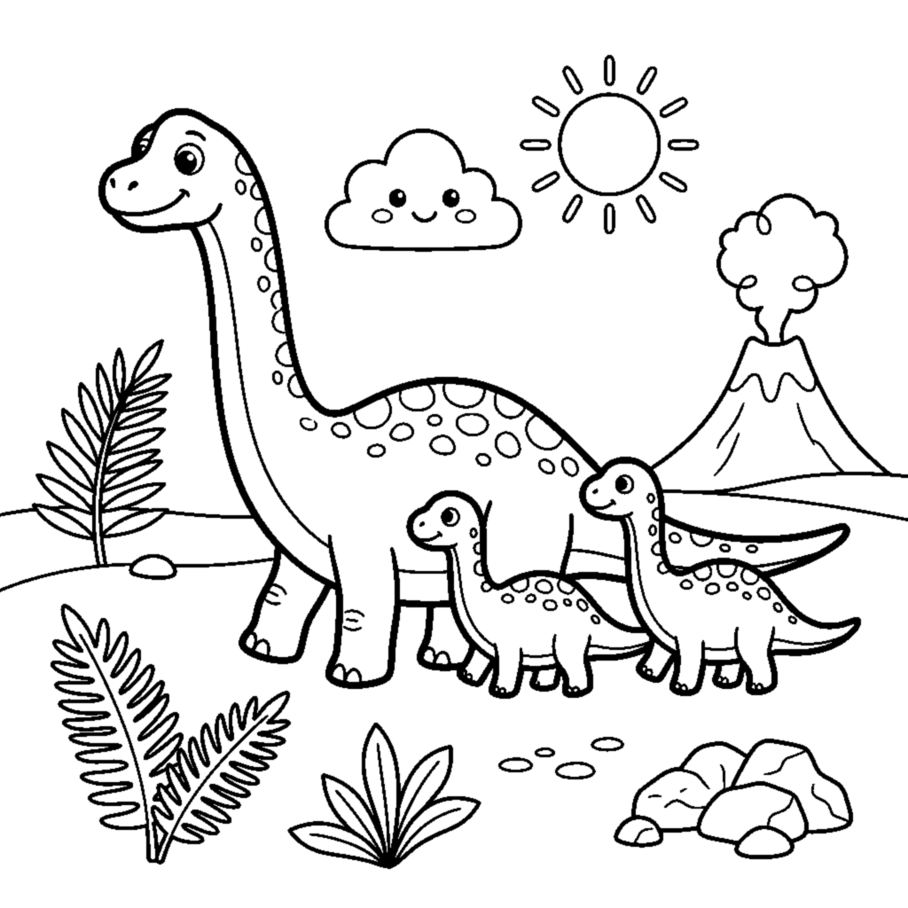 A dino family of one big and two small dinosaurs walking together coloring page
