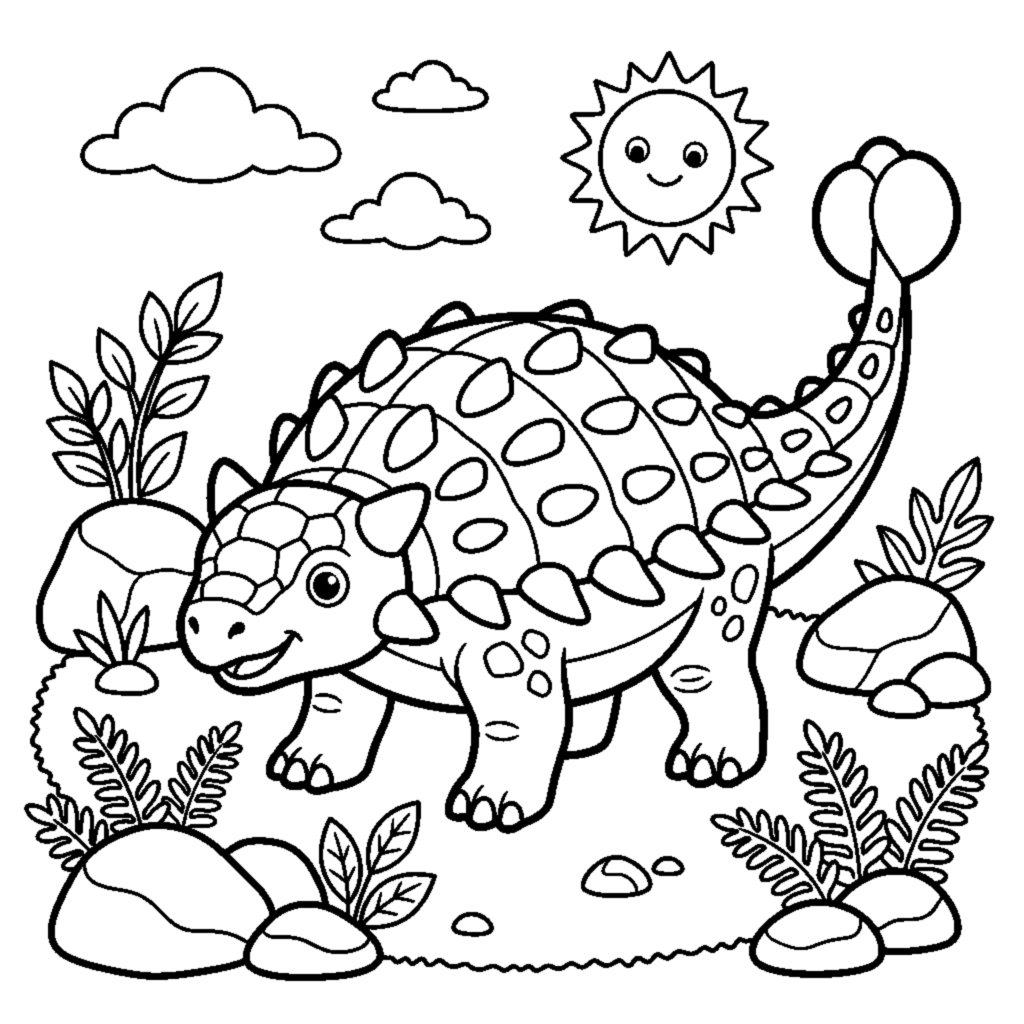 A round-bodied ankylosaurus with a club tail near some rocks coloring page