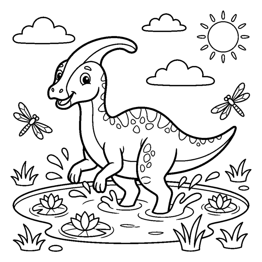 A parasaurolophus with a curved head crest splashing in a pond coloring page