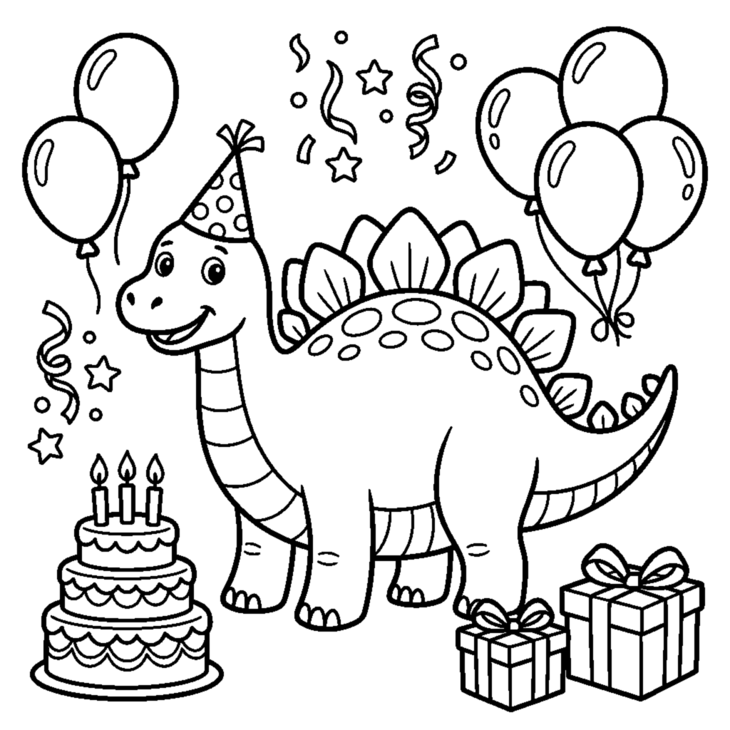 A cartoon dino wearing a tiny party hat at a birthday scene coloring page