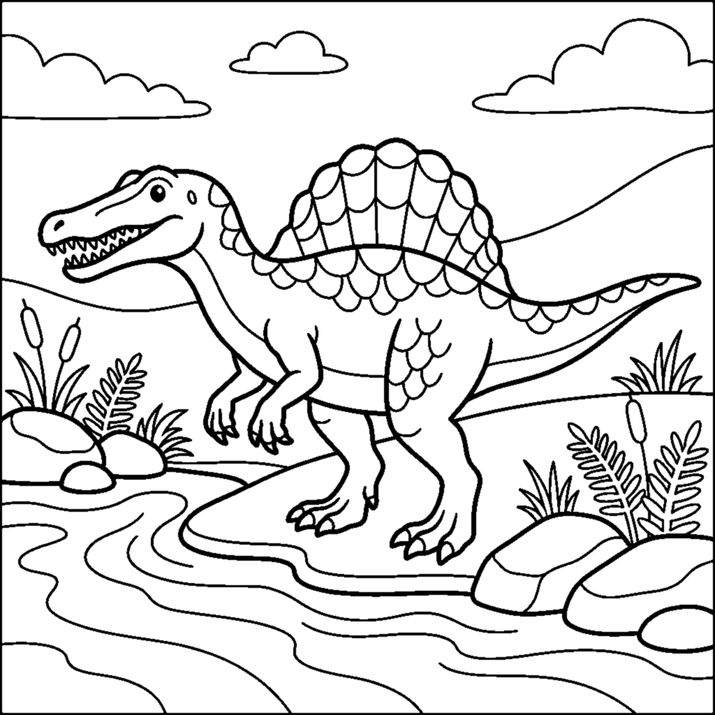 A spinosaurus with a big rounded sail on its back by a river coloring page