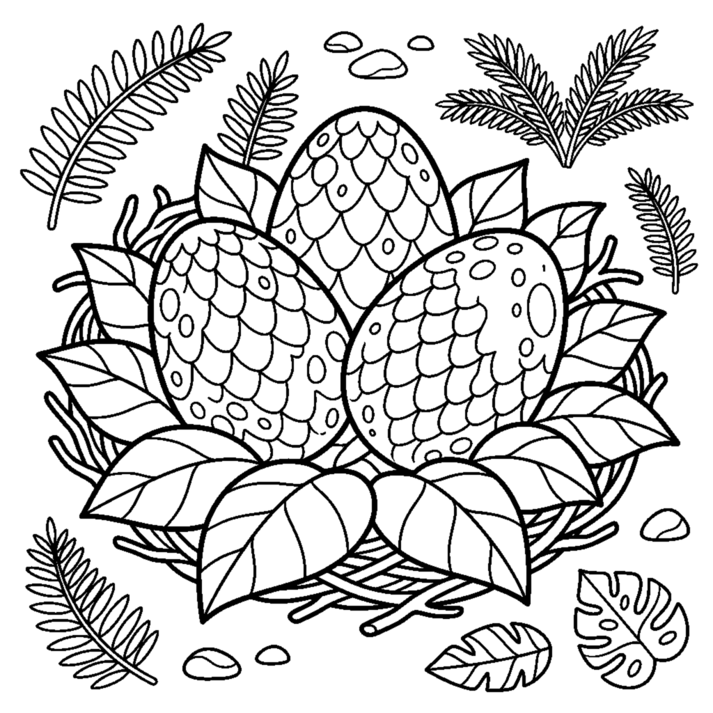 A group of three dino eggs sitting together in a leafy nest coloring page
