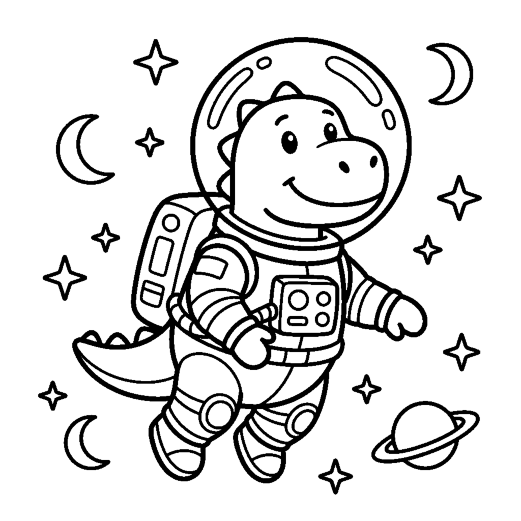 A dino astronaut in a bubble helmet floating among stars coloring page