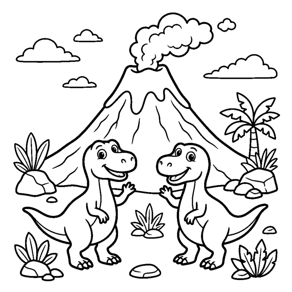A cartoon volcano gently puffing behind two waving dinosaurs coloring page