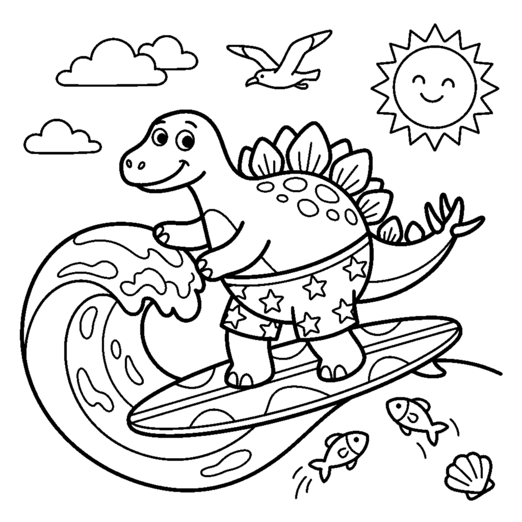A dino surfer riding a small wave on a surfboard coloring page