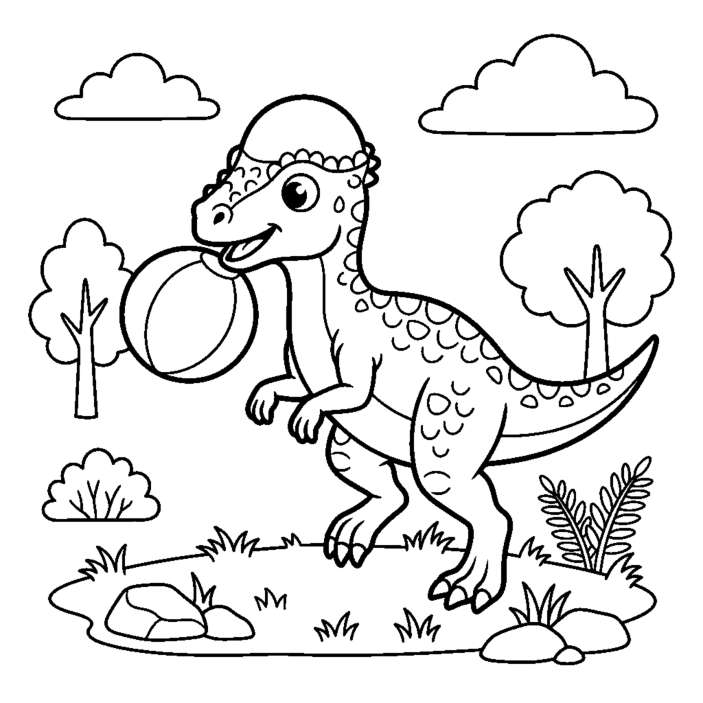 A pachycephalosaurus with a dome head bouncing a ball coloring page
