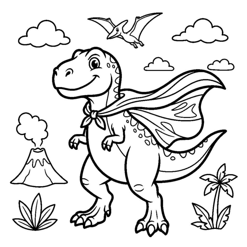 A dino wearing a superhero cape striking a fun pose coloring page