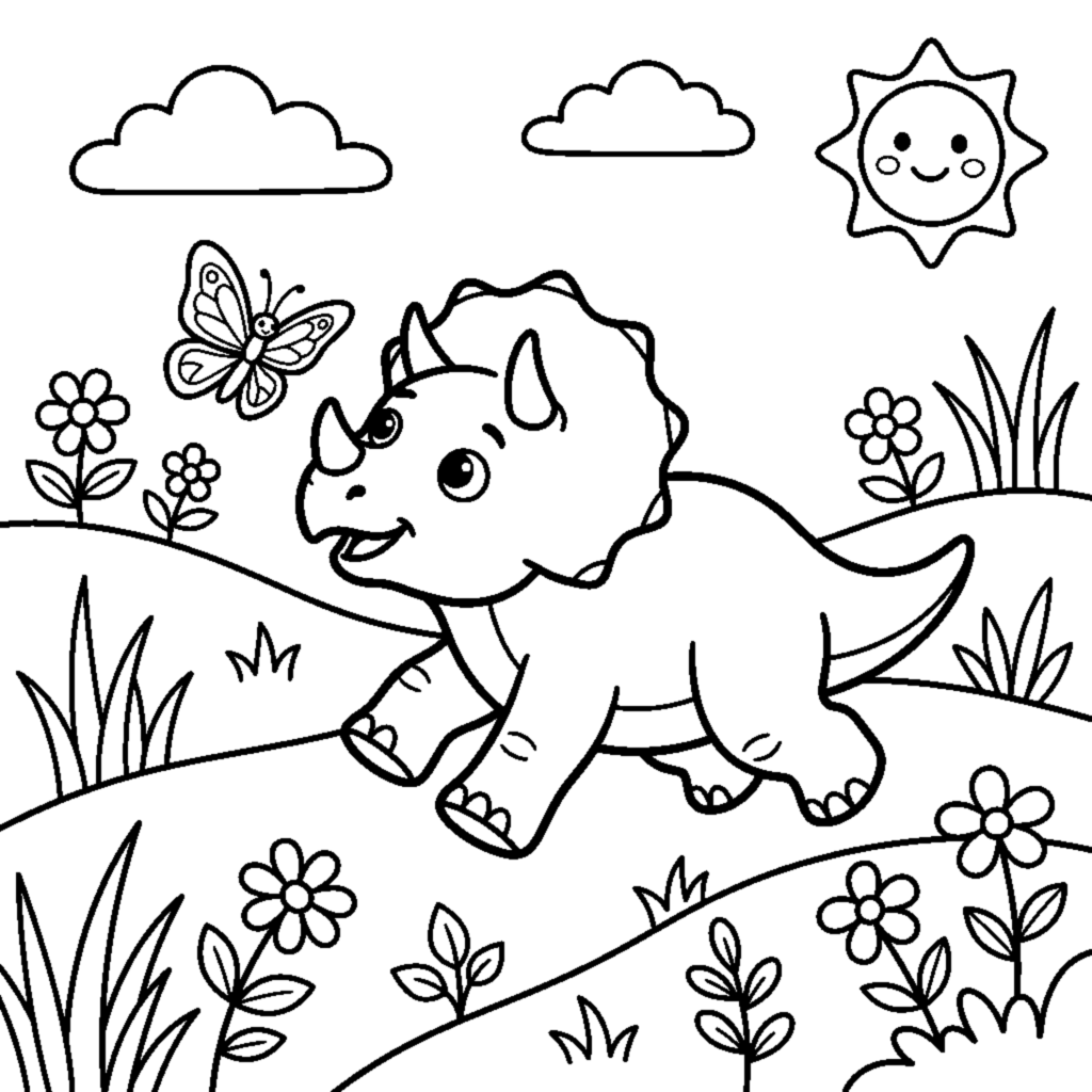 A baby dino chasing a butterfly across grassy hills coloring page