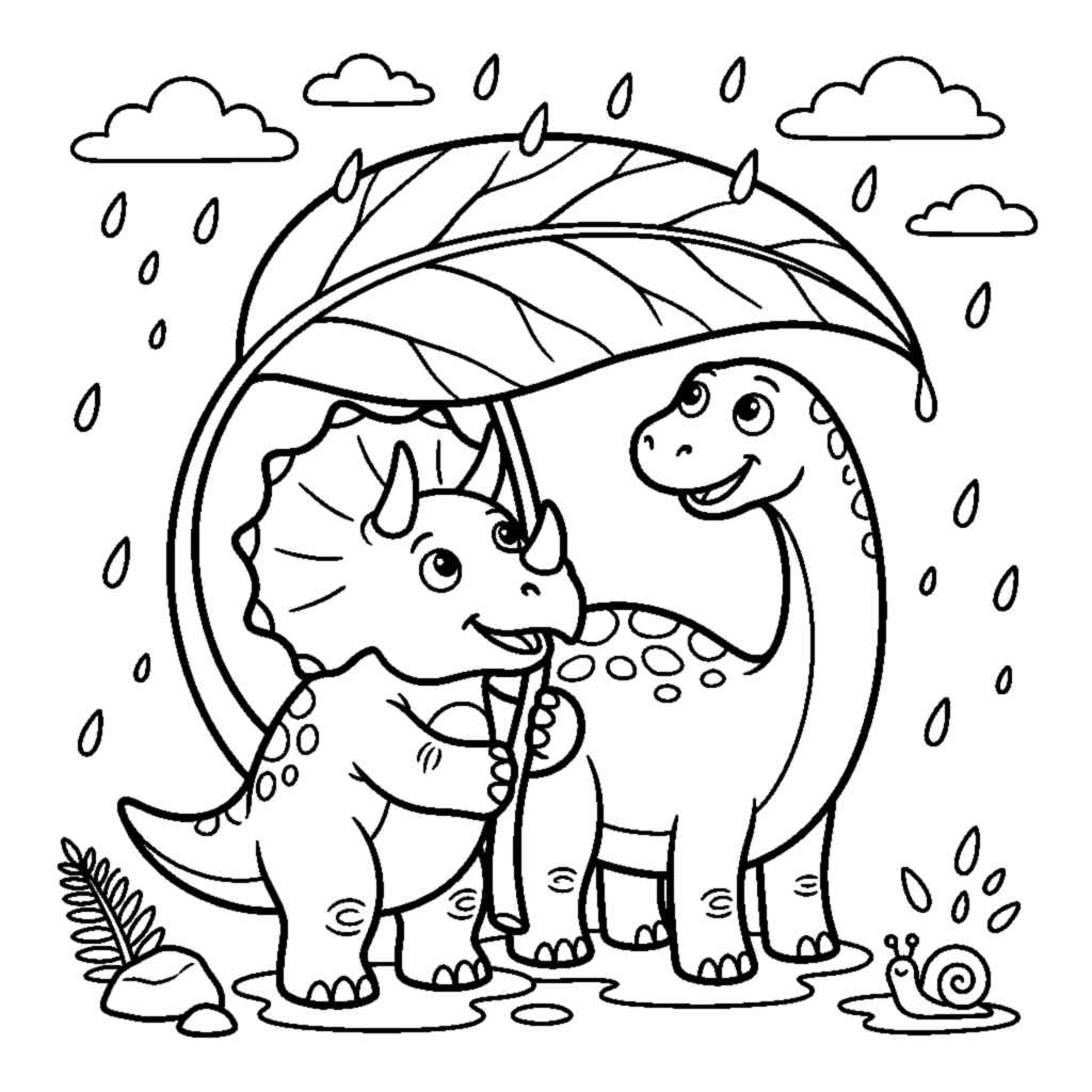 A pair of dinos sharing a giant leaf like an umbrella in the rain coloring page