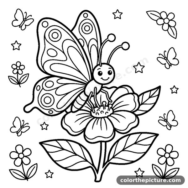 A smiling butterfly with large patterned wings resting on a blooming flower coloring page