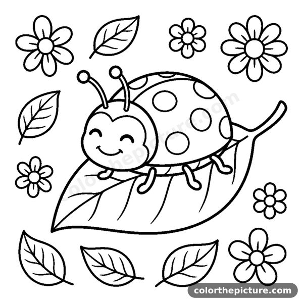 A round happy ladybug with big spots crawling along a leaf coloring page