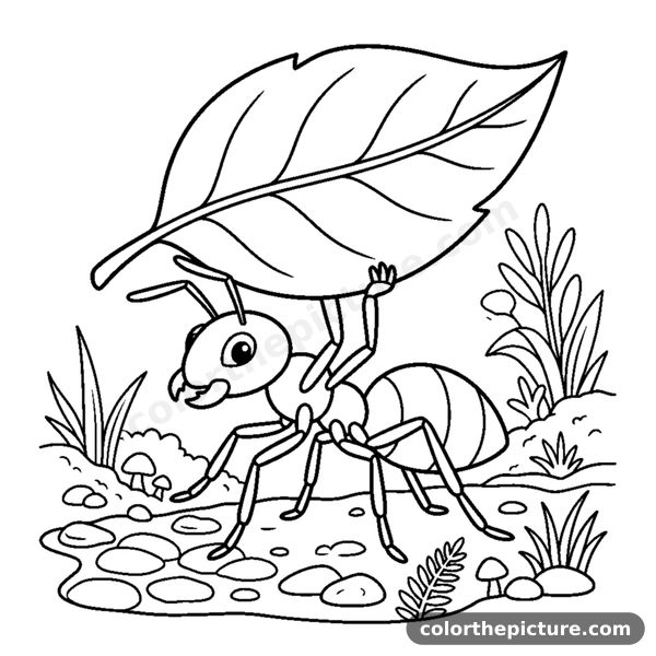 A tiny worker ant carrying a leaf above its head coloring page