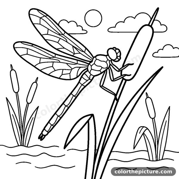 A slender dragonfly with delicate wings perched on a cattail reed coloring page