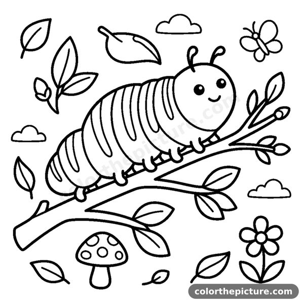 A chubby striped caterpillar inching across a twig coloring page