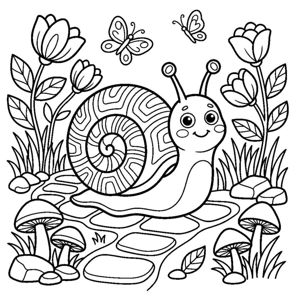 A cute snail with a swirled shell smiling on a garden path coloring page