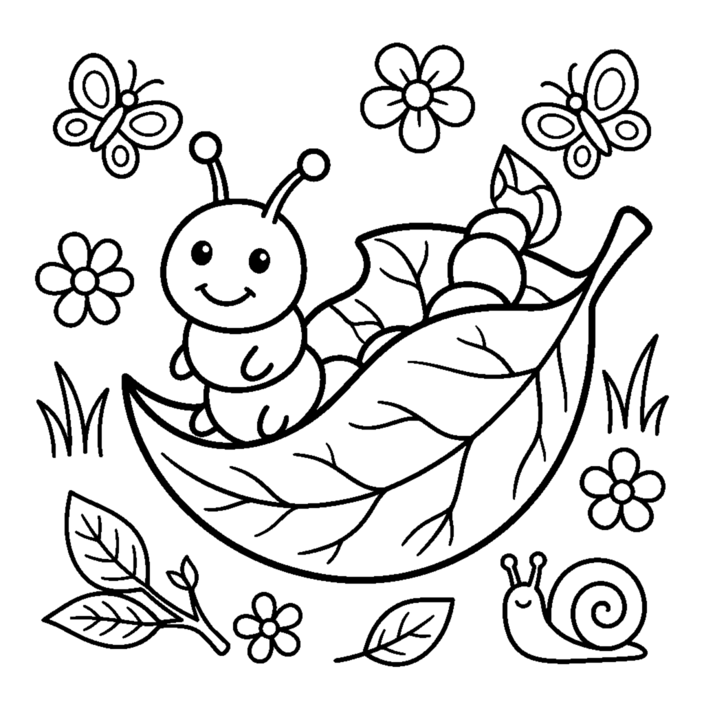 A caterpillar poking out of a curled leaf with a happy face coloring page