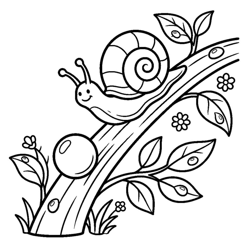 A snail racing a rolling ball of dew down a stem coloring page