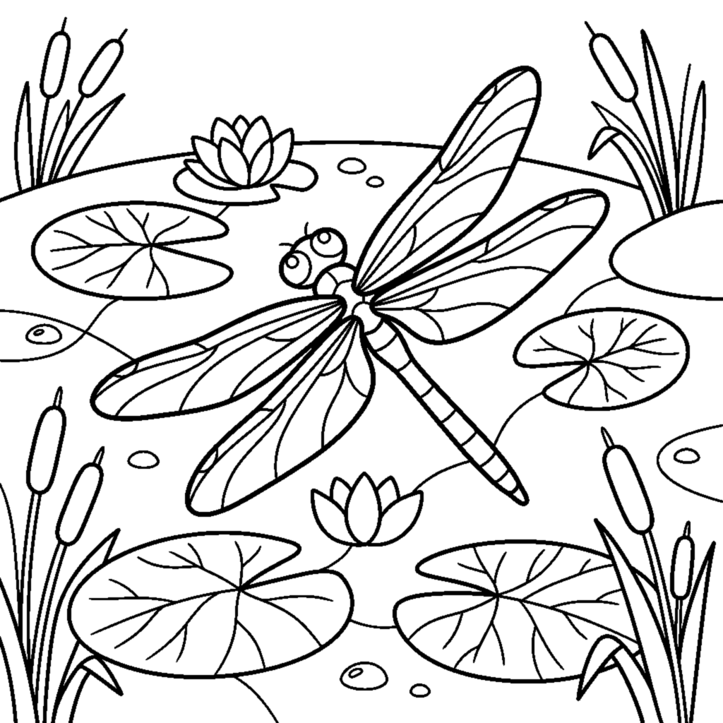 A dragonfly skimming over lily pads on a pond coloring page
