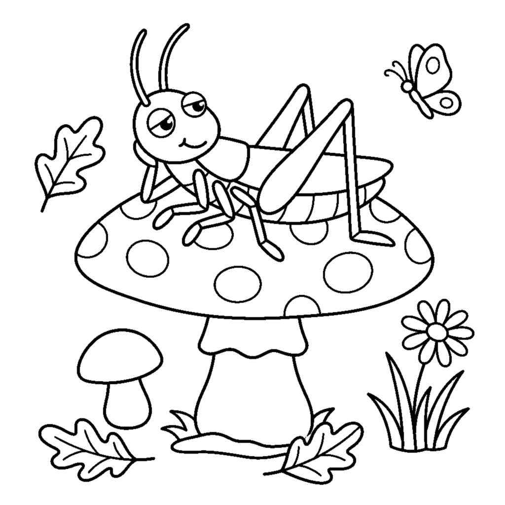 A grasshopper reading nothing but simply lounging on a mushroom cap coloring page