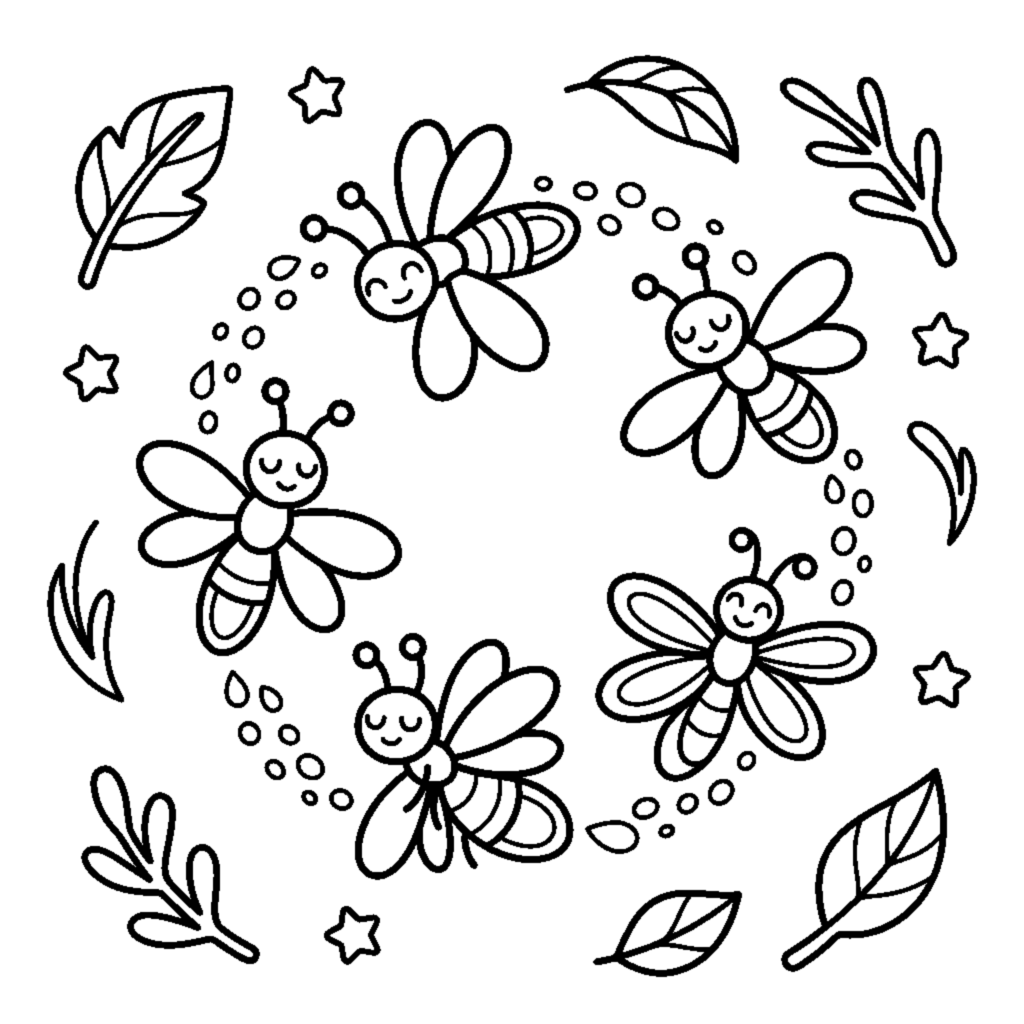A group of fireflies making a circle of dots in the air coloring page