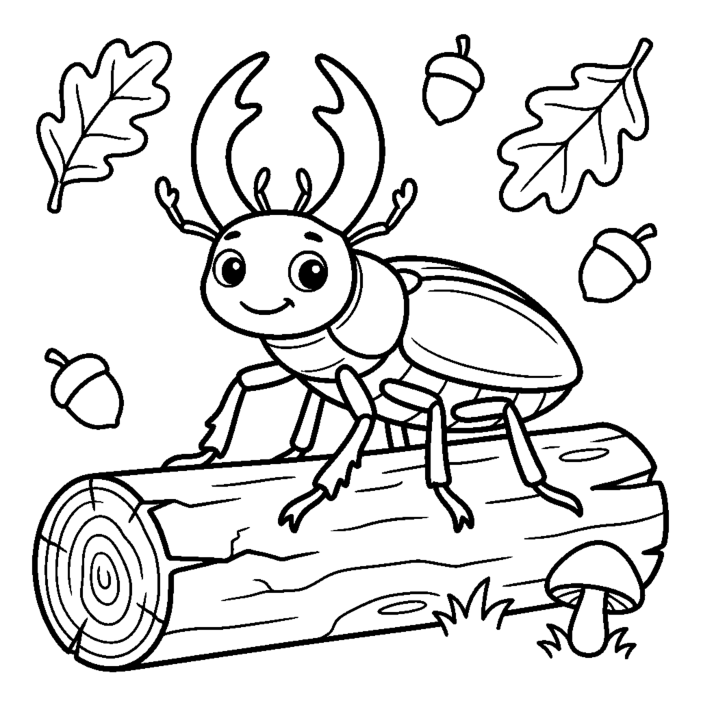 A cute stag beetle with rounded friendly pincers standing on a log coloring page