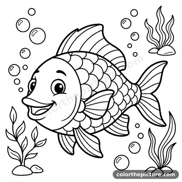 A smiling fish with big round scales swimming among rising bubbles coloring page