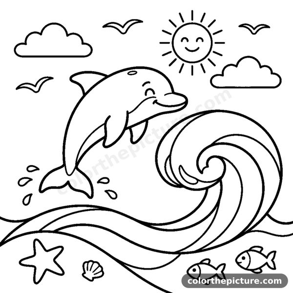 A friendly dolphin leaping over a gentle curling wave coloring page