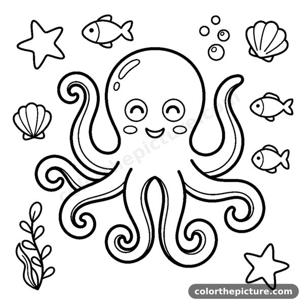 A cute octopus with eight curly arms waving hello coloring page