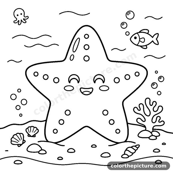 A chubby starfish resting on the sandy sea floor coloring page