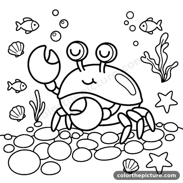 A little crab with round claws walking sideways over pebbles coloring page