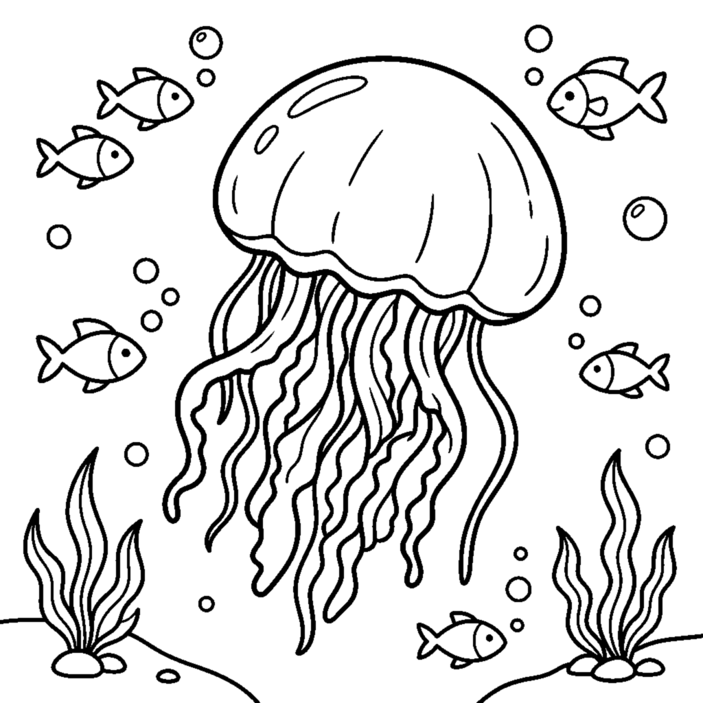 A round jellyfish with wavy dangling tentacles drifting upward coloring page