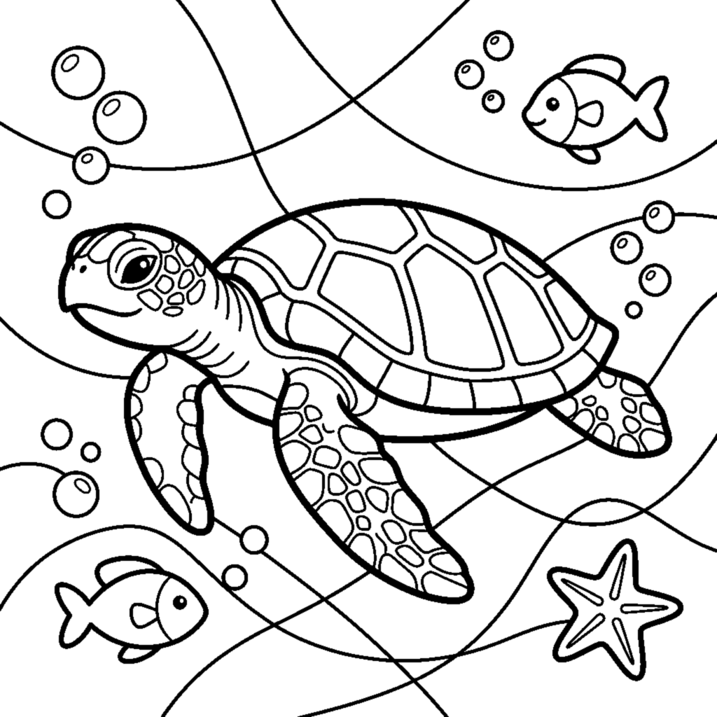 A slow sea turtle with a patterned shell paddling through water coloring page