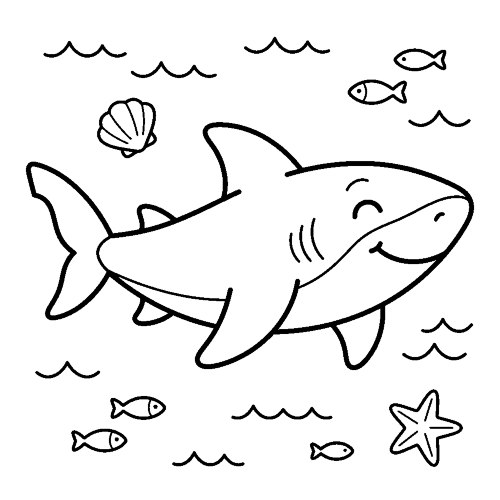 A gentle smiling shark with a rounded fin gliding along coloring page