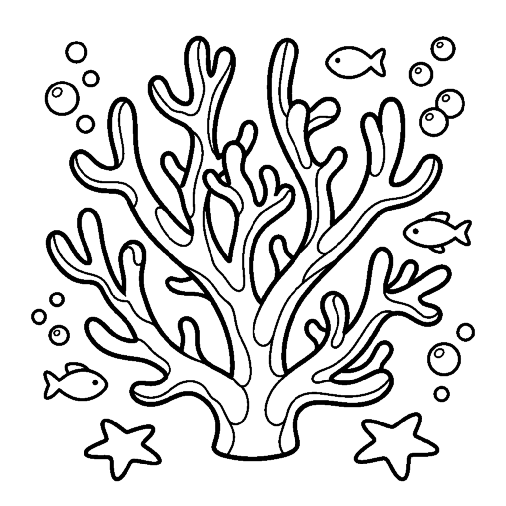 A branching coral shape with tiny bubbles floating around it coloring page