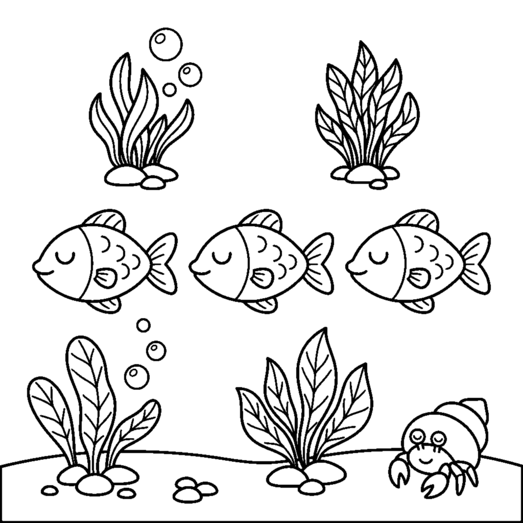 A group of three small fish swimming together in a line coloring page