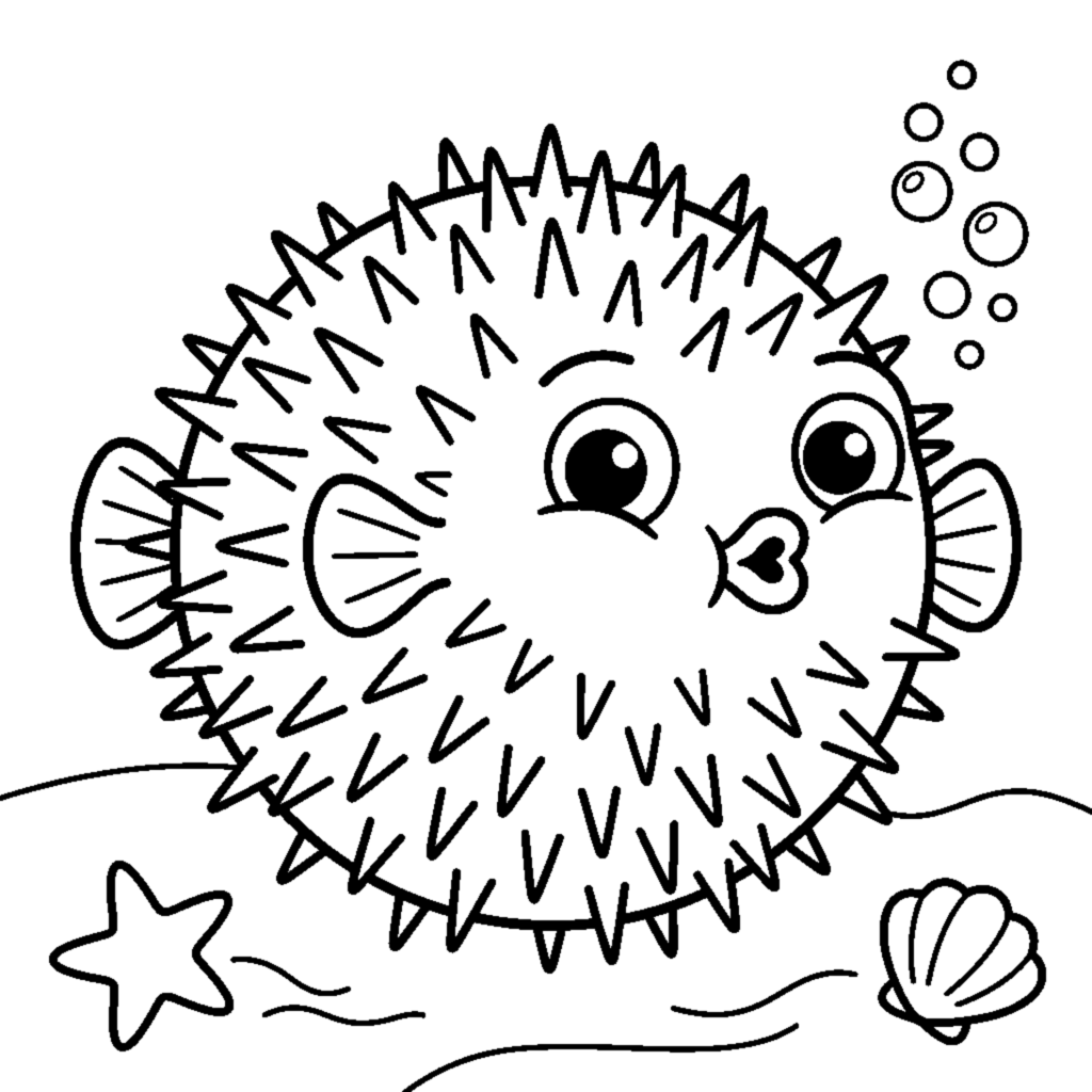 A pufferfish puffed up into a round spiky ball coloring page