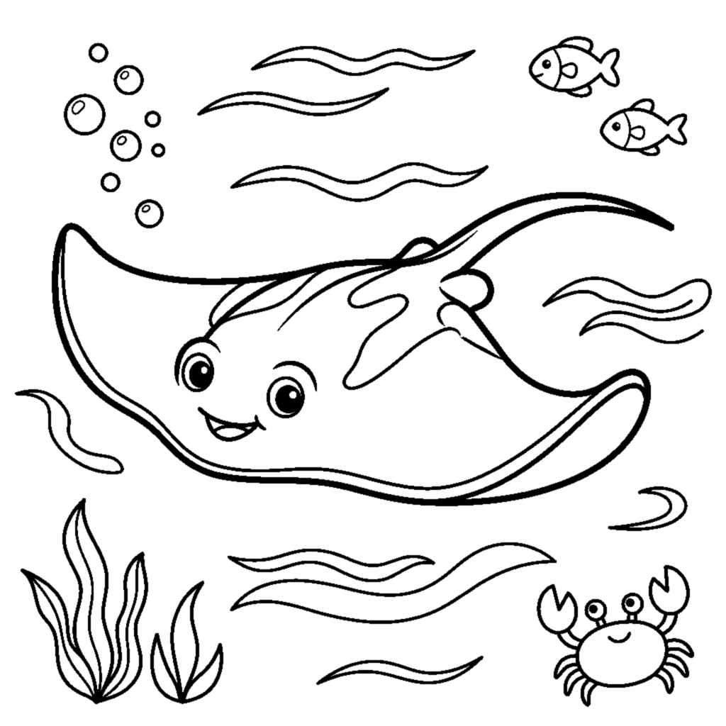 A stingray with wide flat wings soaring through the water coloring page